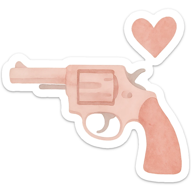 pink heart pistol, watercolor art style, soft edges, gentle color blending sticker