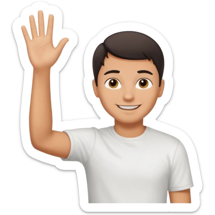 joven bronceado pelo oscuro muy cortito polera blanca sonrisa bonita saludando mano arriba sticker