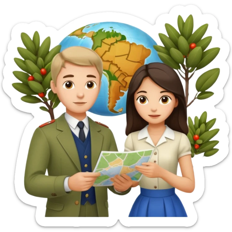 Russian man and elegant spanish girl in cute outfits with a map planning plants sticker