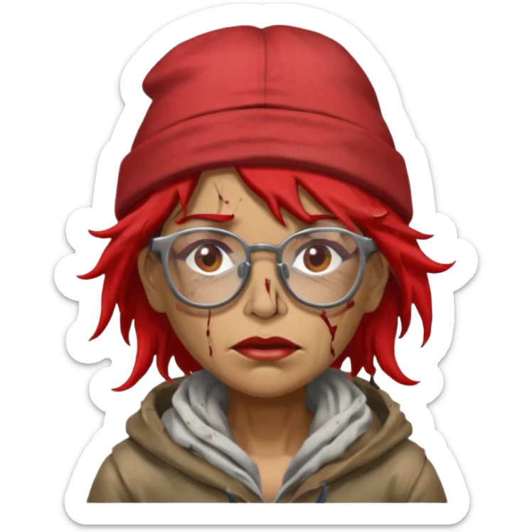 very dirty looking homeless woman with ripped red hat with ugly hair and glassess sticker