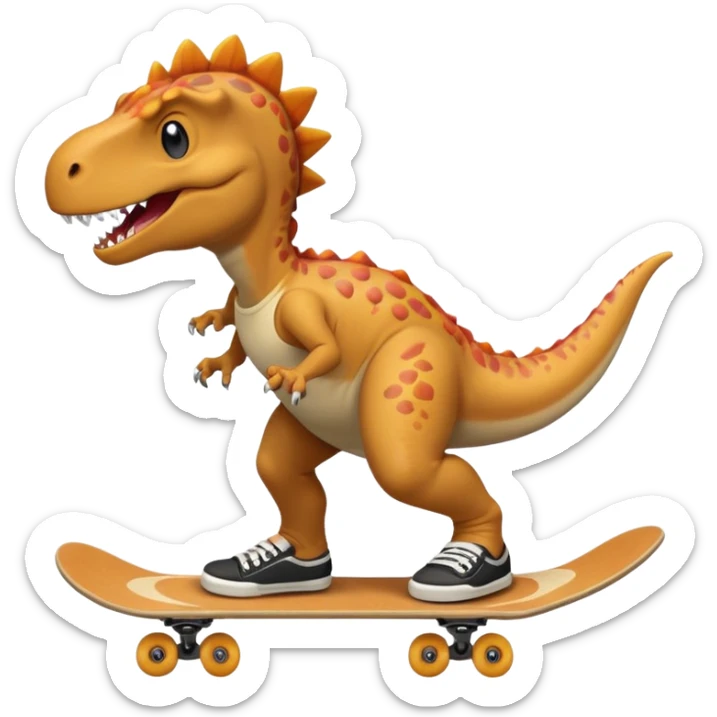 Dinosaur skateboarding at the skate park wearing a t-shirt and doing six seven sticker