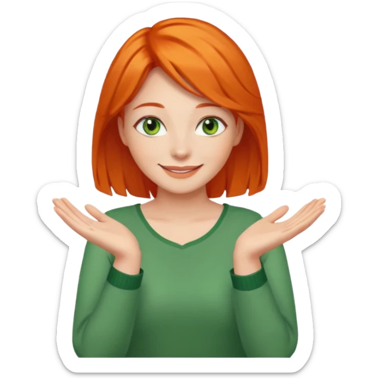 woman with green eyes and orange hair putting her pis on her shoulders (pose) happily  sticker