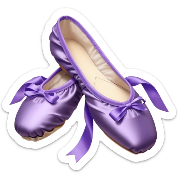 cinematic-realistic-ballet-shoes,-soft-satin-purple-pointe-shoes-with-delicate-ribbons,-resting-gently-on-a-polished-wooden-floor,-subtle-creases-in-the-fabric,-glowing-under-the-warm-golden-light-of-a-rehearsal-studio,-evoking-ele sticker