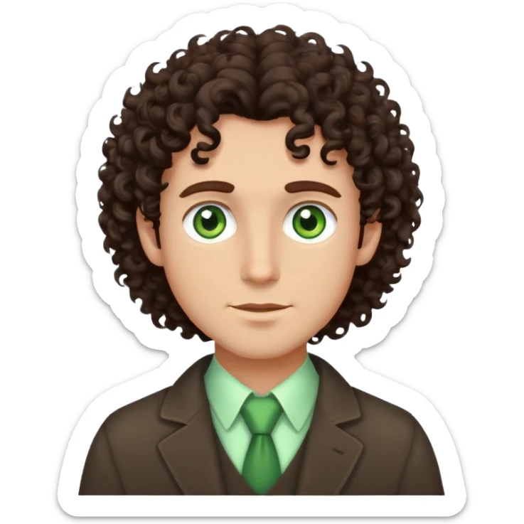 man with waist-length dark brown curly hair and light green eyes sticker