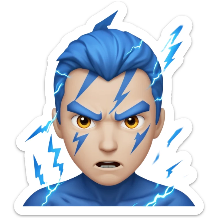 Rayos, centellas y estrellas en una cara color azul con expresiones de furia sticker
