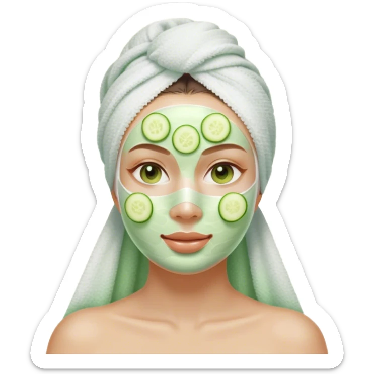"Aesthetic digital emoji of a young woman with a white towel wrap, green facial mask, and cucumber slices over her eyes, with a soft glow and subtle shading, pastel spa background." sticker