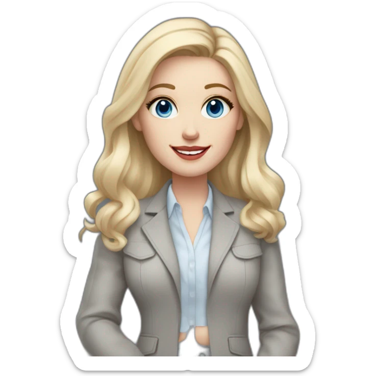 pale skin woman interior designer with cold blonde middle length hair, blue eyes, White blouse, Gray oversize jacket, Gray skirt holding a color palette in the hands sticker