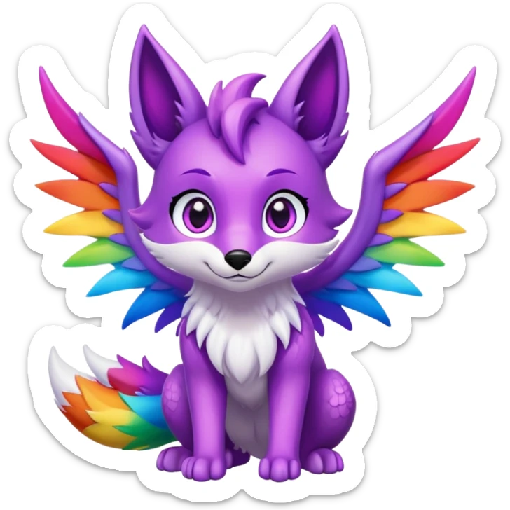 Cartoon Fox dragon hybrid purple eyes with wings face front full body rainbow colored sticker
