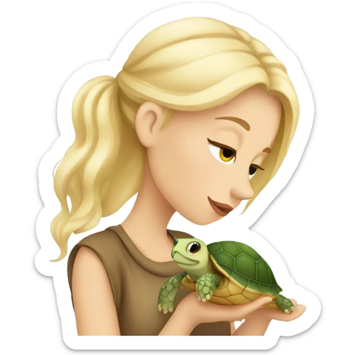 European girl with blond hair kiss little turtle sticker