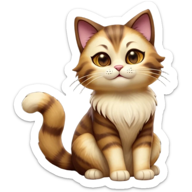 cinematic-[showshoe cat]-realistic-full-body-sitting-emoji,-tail-curled-playfully-around-its-paws,-head-tilted-dramatically,-fluffy-[brown mask]-fur,-simplified-yet-realistic-focused-features,-highly-detailed,-glowing-with-an-almost-sarcastic-glow sticker