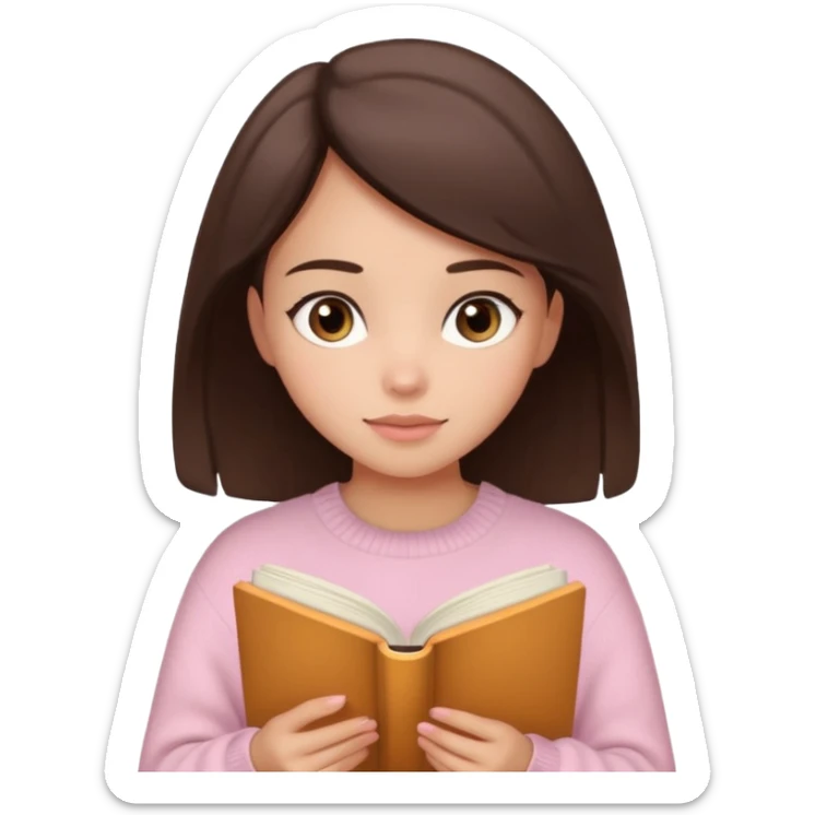 Pretty brown eyed brunette girl with light pink sweater reading cozy sticker