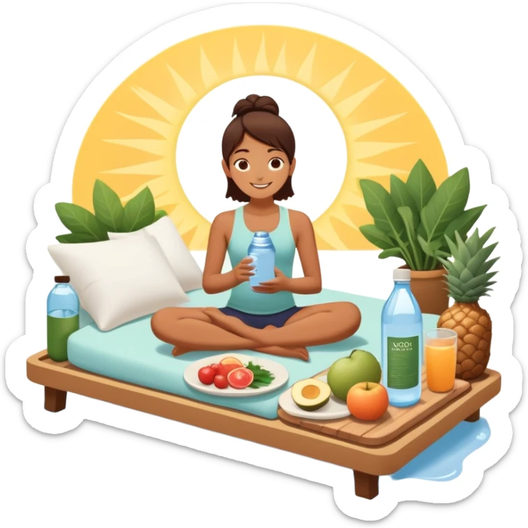 A person in the sun, with a plate of whole foods, water bottle, and glowing bed behind them. Nearby, smiling friends gather—symbolizing balance, healing, and connection through simple daily rituals. sticker
