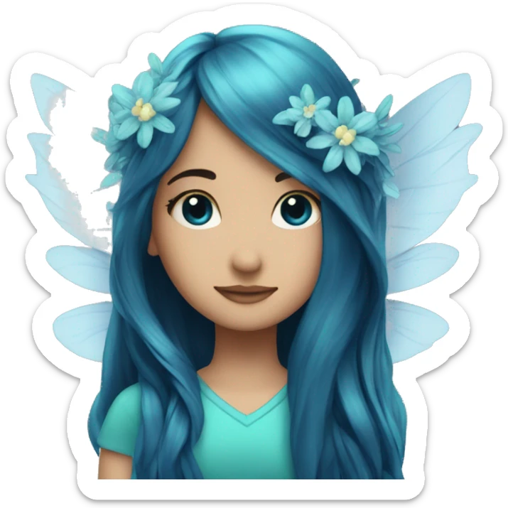 Beautiful, flower, fairy, blue, turqoise, silver, navy, long hair, big wings sticker