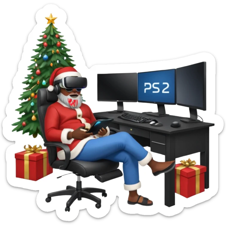Informaticien homme noir full-body, week-end détente, assis à son bureau moderne avec ordinateur affichant du code. Il porte un casque VR et tient une manette PS 2025. À côté de lui, le Père Noël souriant, sapin illuminé et cadeaux autour. sticker
