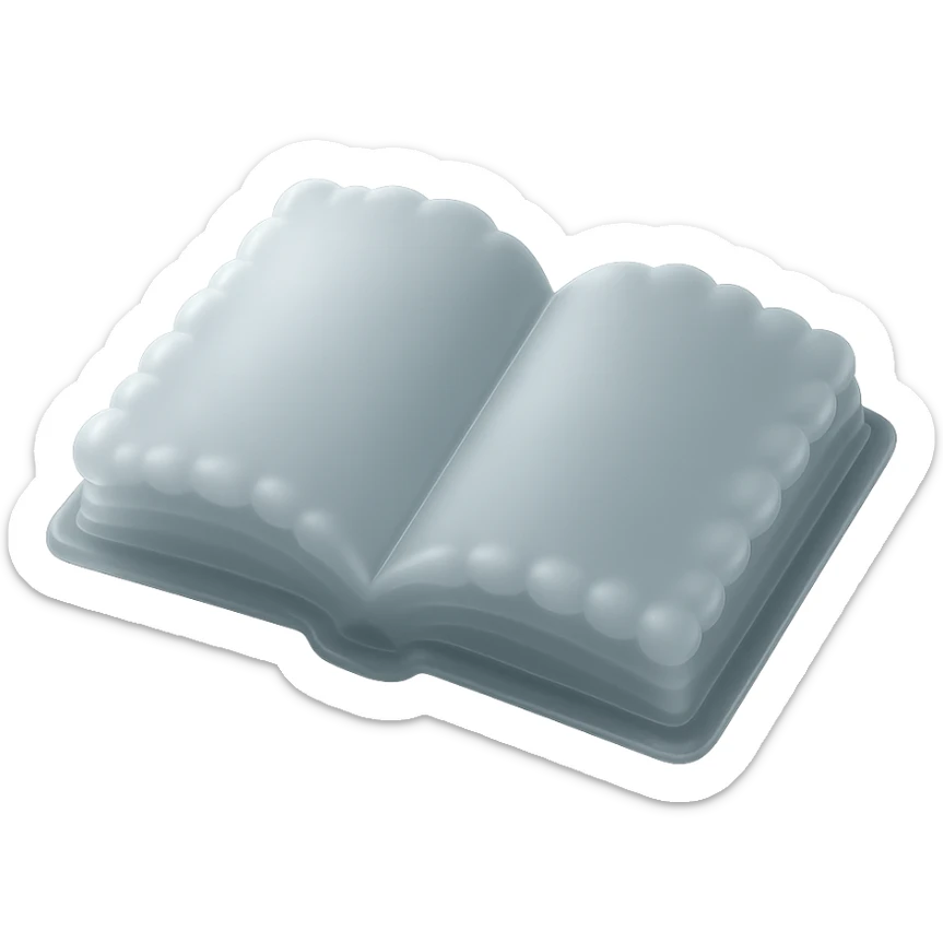 top view of a thick open book made entirely of small, very bright white fluffy convex clouds, matte glass style, no background sticker