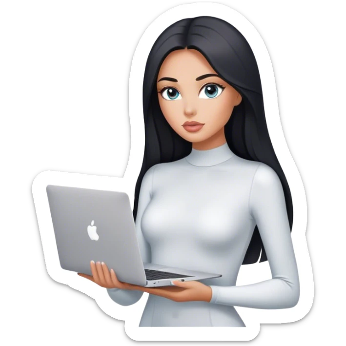 Glamours, tanned, very beautiful girl, with big pump peach-beige-rose lips, black straight smooth silky long hair, straight parting, blue-grey eyes, in white bodysuit holding MacBook sticker