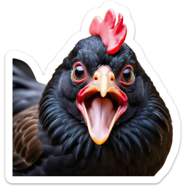 Cinematic Cute Yawning Black Chicken Portrait Emoji, Head tilted slightly with a dramatic, wide-open yawn, showcasing a soft, glossy black plumage with subtle hints of iridescence and a distinctive red comb, floppy wings slightly drooping, round beady eyes barely open in drowsy contentment, Simplified yet irresistibly adorable features, highly detailed, glowing with a soft, cozy glow, high shine, relaxed yet expressive, stylized with a touch of whimsy, bright and endearing, soft glowing outline, capturing the essence of a sleepy yet affectionate chicken, so drowsy it feels like it could stretch out of the screen and curl up for a nap! sticker