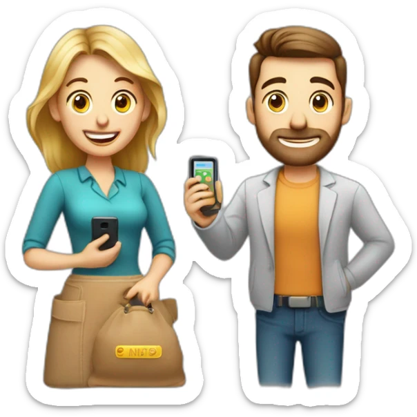 Design an emoji: Man and woman with phones in a bank, expressing surprise – "No Payees Added" for a friendly baking app interface.  sticker
