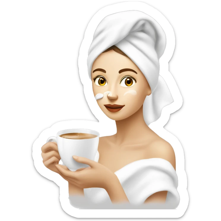 Russian girl with a towel on her head,  sheet moisturizing mask on the face and a cup of coffee in hand sticker