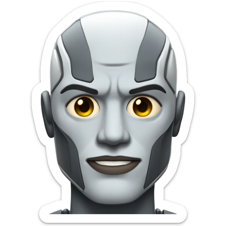 muscular cyborg robot face half human with short straight, dark hair, and a neatly trimmed beard sticker