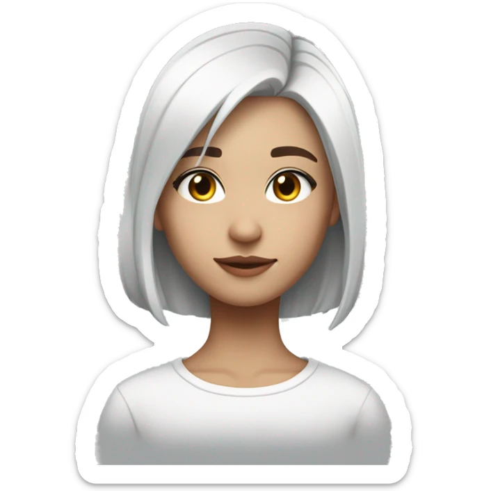 Girl of short straight hair with Tomboy style cut, pure white hair color with gray gradient at the ends of her hair, she has heterochromia sticker