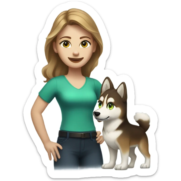 White Woman hair brown and bleus eyes and golden Husky With green eyes sticker