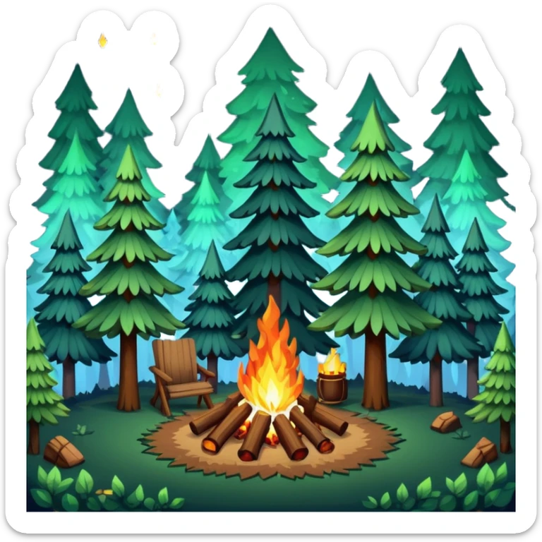 pixel art of a forest at night, with a campfire in the center. there are tall and short trees. sticker