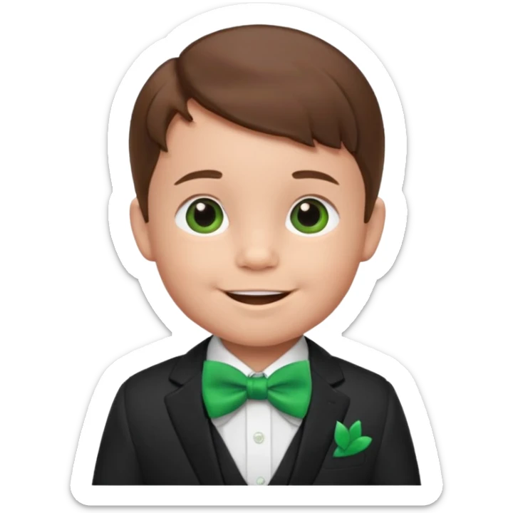 baby cute boy, brown hair in suit, with green bow, smile sticker
