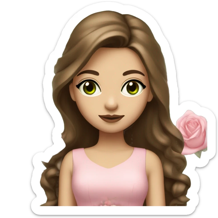 girl long brown hair, big lips green eyes, very fair skin and a pink dress and white roses sticker