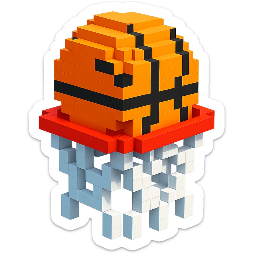 Voxel-style basketball in a net, variation 4 sticker