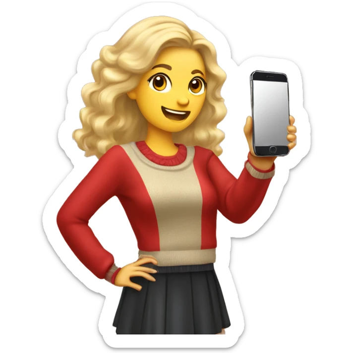 woman with blonde hair, back view, red bow in her hair, dressed in sweater and skirt, holding a smartphone to take a mirror selfie, She has a small red handbag with a gold strap over her shoulder sticker