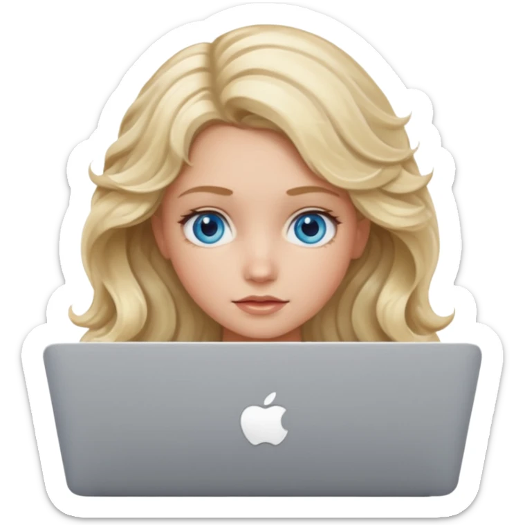 blond girl, blue eyes, hair wavy, , behind her silver colored laptop from apple sticker