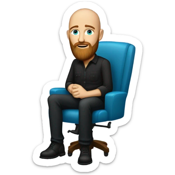Bald, Caucasian, sky-blue-eyed, Psychotherapist in a modern colorful chair. He has a brown full beard and he’s Wearing a black dress shirt with a subtle pattern, blue jeans and black Chelsea boots with his legs separted leaning forward  sticker