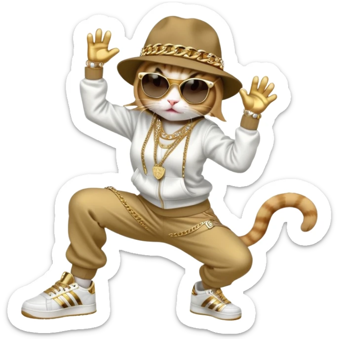 female cat in Run DMC hip-hop outfit with tracksuit, fedora, Adidas sneakers, dark sunglasses, many gold chains and bling accessories, doing a headspin break dance move sticker
