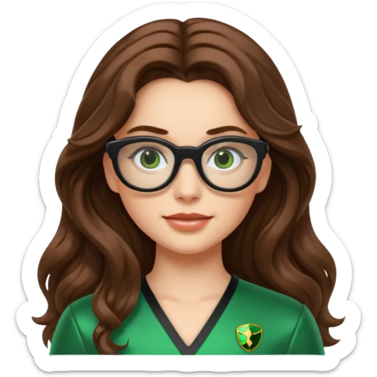 green power ranger, white girl with long brown wavy hair, thin black glasses, emoji style sticker