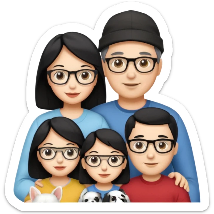 (Mom black hair with glasses, Dad black hair with cap, Daughter black hair with glasses, white Dog) sticker