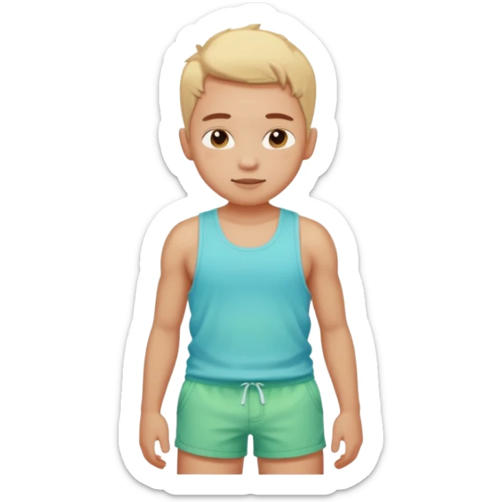 Emoji-style person in beach shorts with sunburned shoulders and chest, tank top outline, cute rounded features, soft shading, vibrant colors sticker