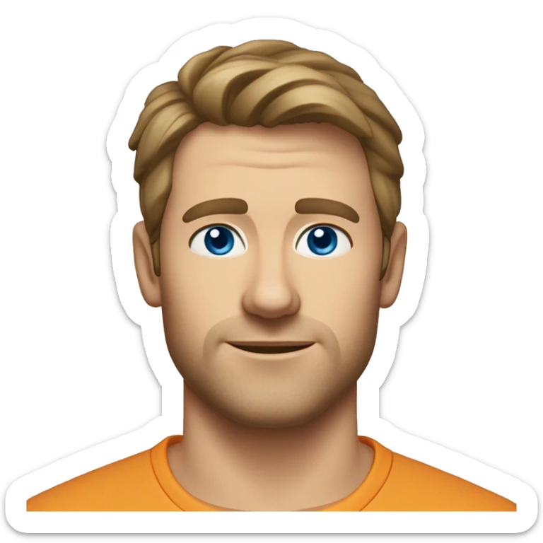 A head and shoulders shot of a 33 year old Caucasian man, with short brown hair, with none facial hair,   with blue eyes wearing a t-shirt. sticker