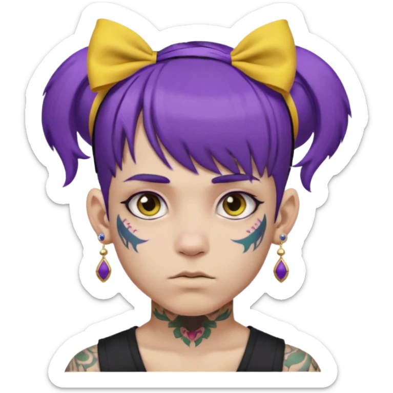 boy with bangs and purple hair and yellow hairbow on side and earrings and very heavy face tattoos sticker