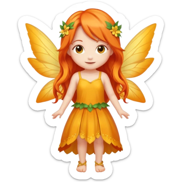 fairy with long orange hair, yellow wings, red dress, happy, chibi full body sticker