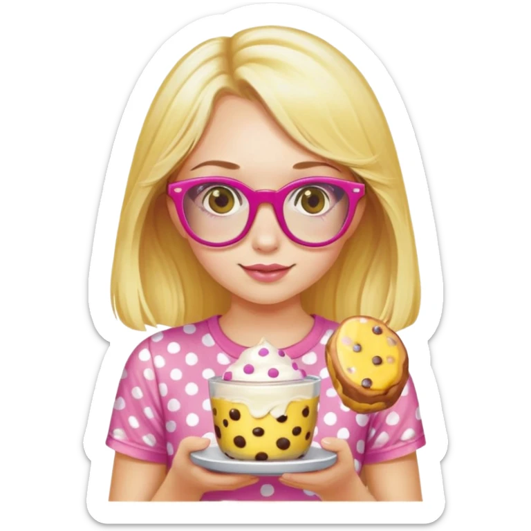 a girl with long lashes, long blonde hair, wearing "yellow polka dot t-shirt" and pink glasses, holding a pudding sticker