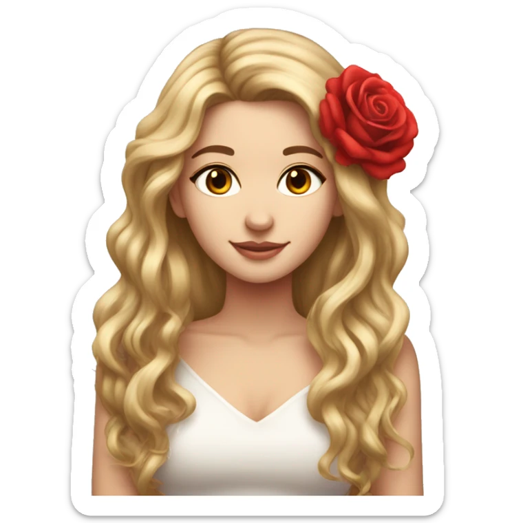 Beautiful, rose, red, flowers in hair, long dark blond hair, white fair skin sticker