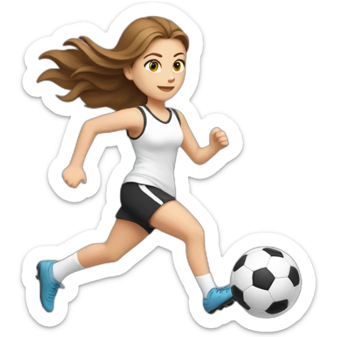 Caucasian girl with brown long hair running with a soccer ball wearing White short and black shorts sticker