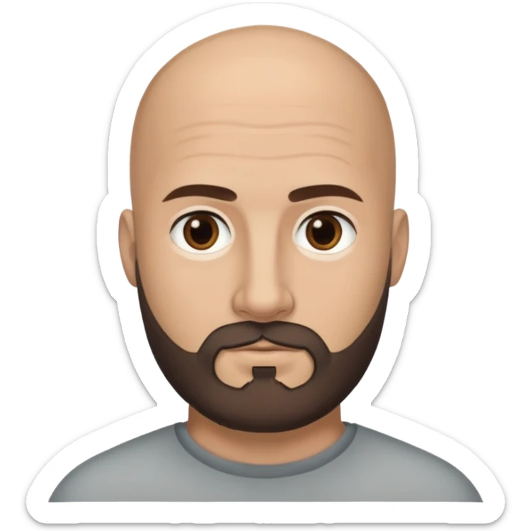 Head emoji of a bald Caucasian man with tan skin, dark almost black eyes, and a dark brown medium length beard with some grey in it. Please show one result with glasses and the other without. sticker