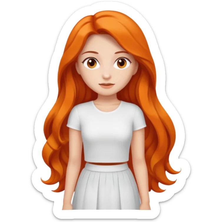 A woman with Orange long ondulated hair, brown reyes And dresses with White top And White long skirt sticker