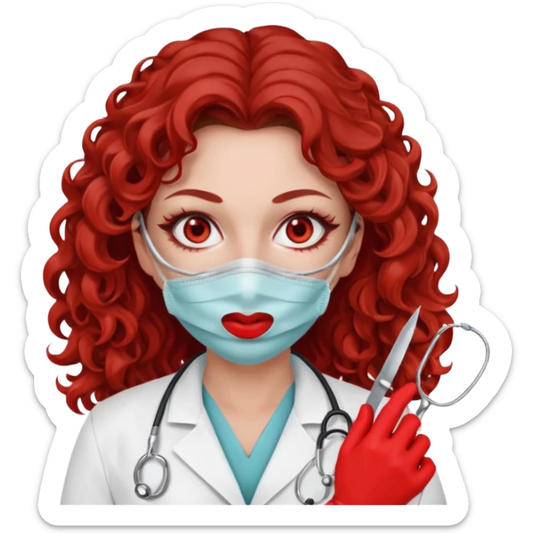 Scary woman scalpel in hand, evil surgeon sexy .  She has red eyes. Her  brown long curly hair. Wears sexy doctor outfit with red gloves. make her hair free and brown but she  wear mouth cover   to hide. Wears white surgeon jacket andpejab only hides lips and nose  eyes sticker