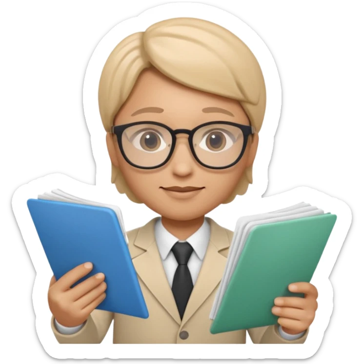Apple Memoji-style 3D emoji of a researcher wearing glasses holding papers or a test tube, clean gradients, rounded shapes, no background. sticker