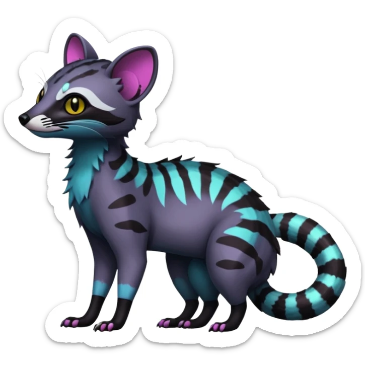 Rare warm-colored exotic edgy epic aesthetic gloomy spooky dark modern colorful cyber-Genet-Trico-Civet-species-Fakemon-hybrid-creature, with beautiful intricate markings, full body sticker