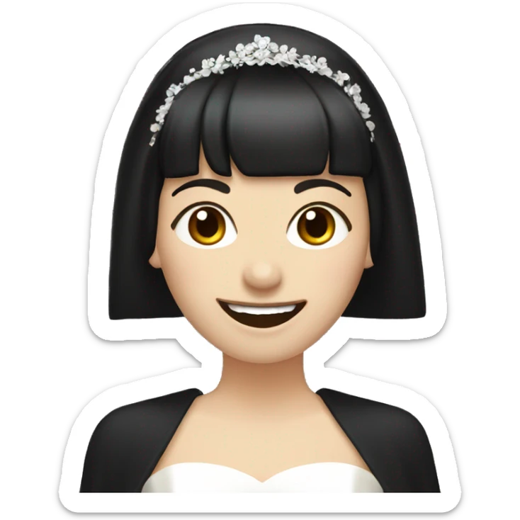 bride with very pale skin dark brown straight short hair black dress and bangs laughing with veil sticker