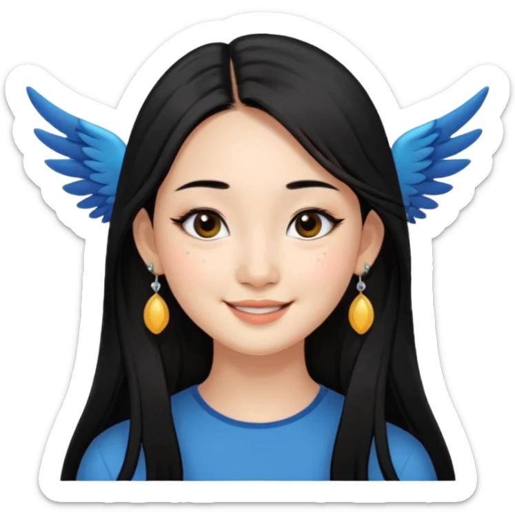 A Asian girl with fare skin and earrings, long straight black hair that is covering her checks with black eyes, smiling with a open wings eyeliner, mole near her nose of the right side sticker